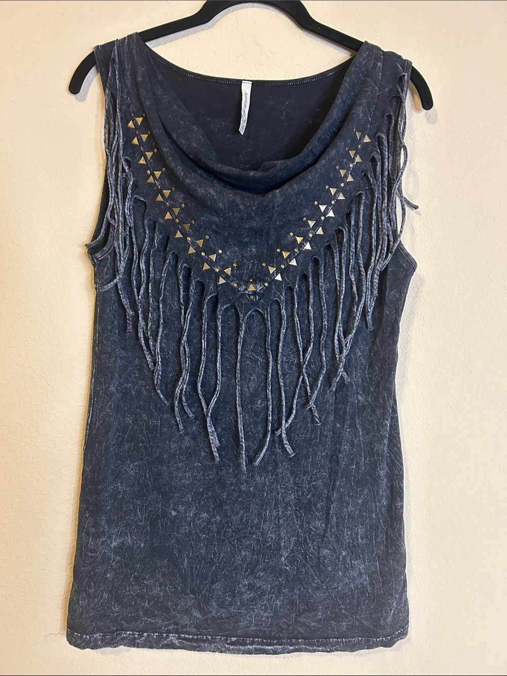 American Age Washed Black Fringe Tank with Gold Studs Size M